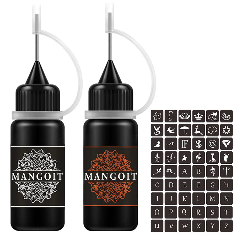 MANGOIT Temporary Tattoo Kit, Freckles Tattoo, Semi-permanent Tattoo Set, 2 Bottles Fruit Gel/Ink with 54 PCS Self-adhesive Tattoo Stencils(Black&Red)