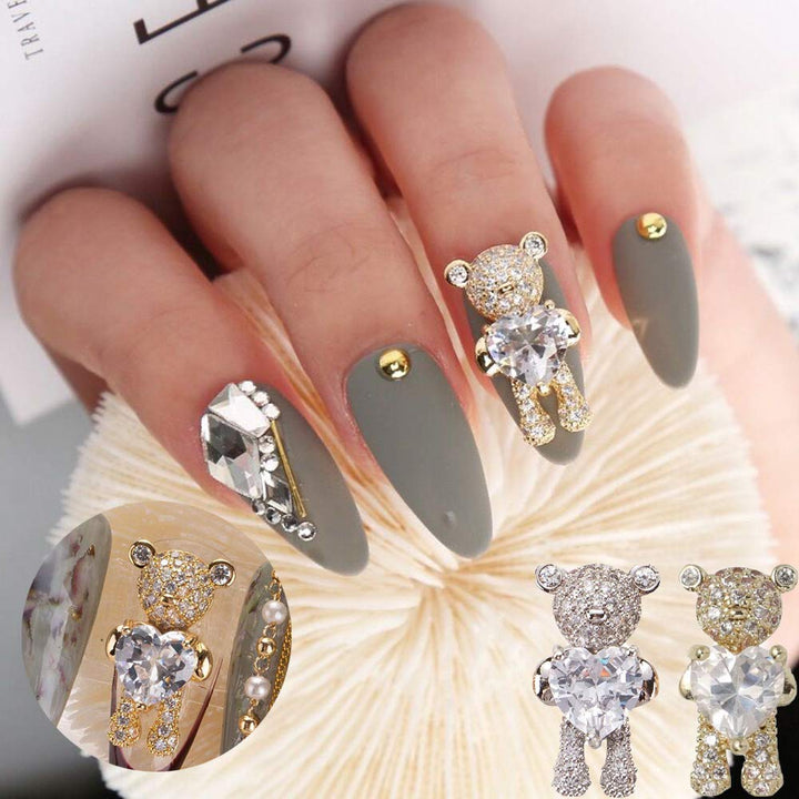 10 Pcs Shiny Zircon Alloy Bear 3D Nail Art Decorations With Heart Crystal Luxury Jewelry Manicure Design Accessories