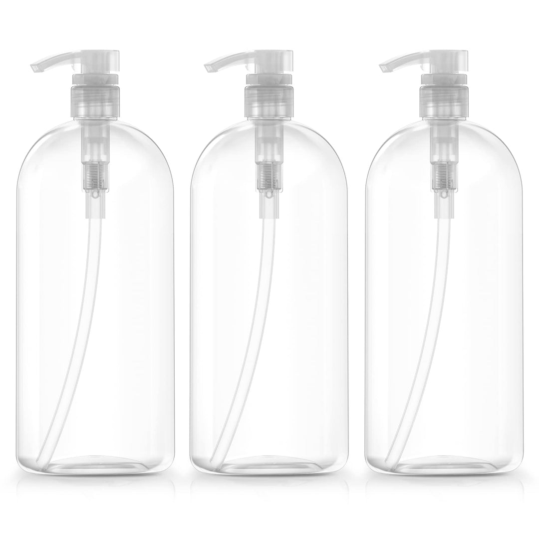 Empty Shampoo Bottles with Pumps, 32Oz/1Liter/Large, BPA-Free, Lightweight (Medium Density PETE1 Plastic), Pack of 3, Clear Bottles, (32OZOBOTTLECP.3)