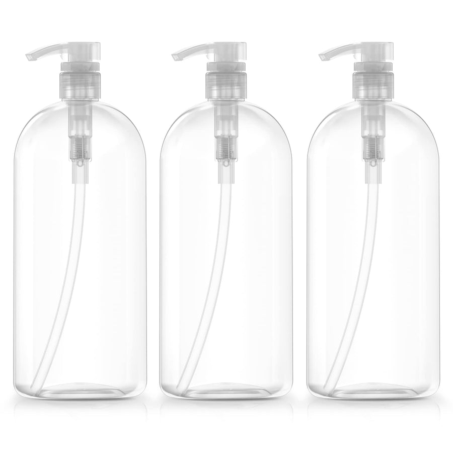 Empty Shampoo Bottles with Pumps, 32Oz/1Liter/Large, BPA-Free, Lightweight (Medium Density PETE1 Plastic), Pack of 3, Clear Bottles, (32OZOBOTTLECP.3)