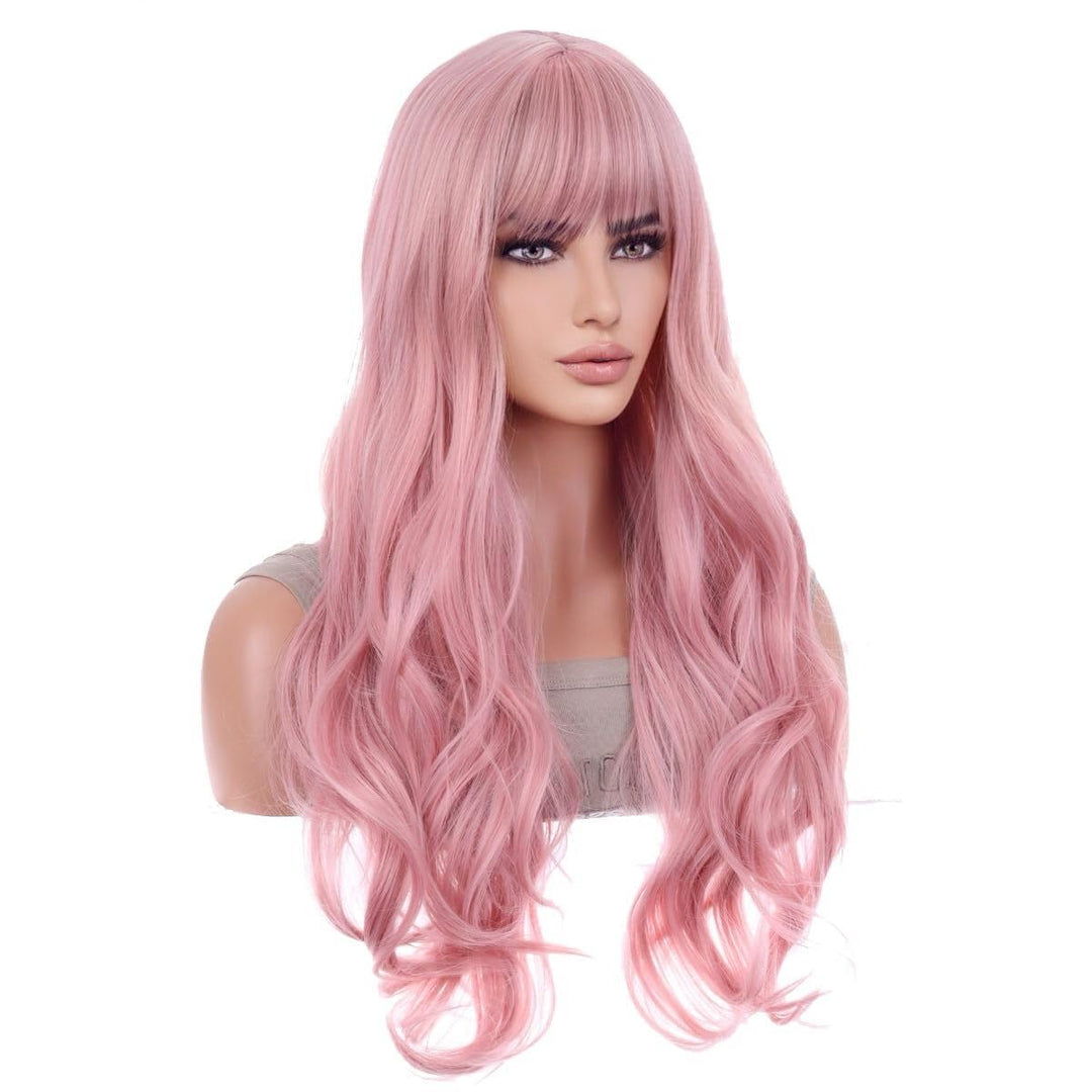 26 Inches Pink Wig Long Wavy Wig with Bangs Synthetic Wig Long Wig Pink Wigs for Daily Party with Wig Cap