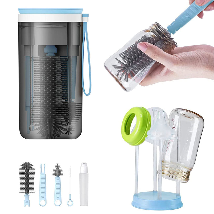 Travel Baby Bottle Drying Rack with Bottle Cleaning Brush Set, Blue