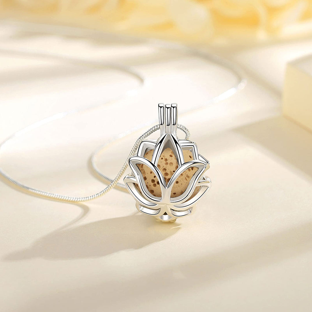 Essential Oil Diffuser Necklace Aromatherapy Jewelry for Women TeenGirls, Small Lotus Flower Pendant, 7 Lava Rock Stones, 24 Snake Chain