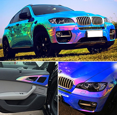 AuMoHall Holographic Laser Blue Car Vinyl Wrap Gloss Color Change DIY Air-Release Adhesive Film Rainbow Finish Roll, 53'' x 23.6''
