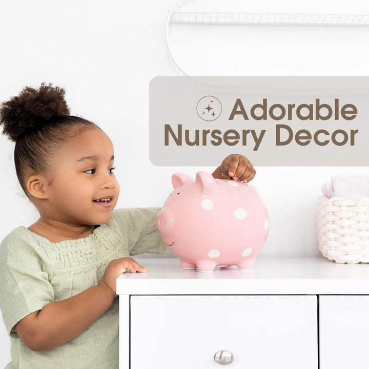 Large Ceramic Piggy Bank, Ideal for Boys and Girls, Kids Money and Coin Bank, Perfect Baby Girl Nursery Décor, Holiday Gift and Newborn Keepsake, Pink Polka Dots