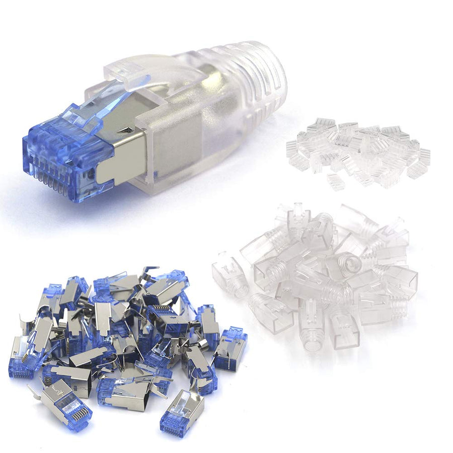 (Gen 1 CAT6A/CAT7 Shielded Connector with Strain Relief Boots 25-Pack, Non-Pass Through RJ45 Ethernet Ends 3-Prong 50u Gold Plated 8P8C Modular Plugs for FTP/STP Cable