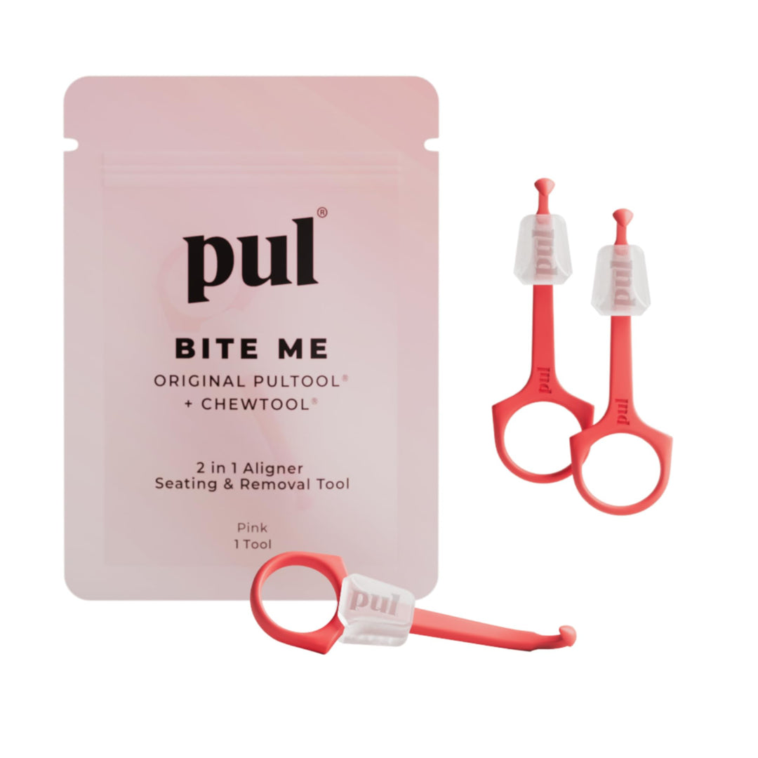 PUL Chew Tool & Clear Aligner Removal 2 in 1 Combo Tool - Compatible with Invisalign Removable Braces & Trays, Aligners, Retainers, Dentures - Hygienic Oral Care - Compact & Durable - 3 Pack, Pink