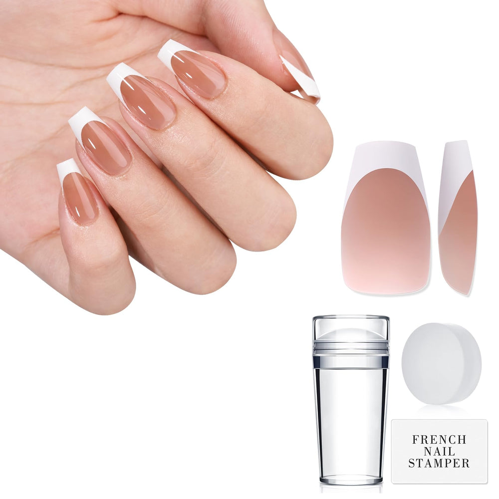 French Nail Stamper - French Tip Nail Tools with Replaceable Stamper Head and Nail Scraper Silicone Nail Stamper Kit