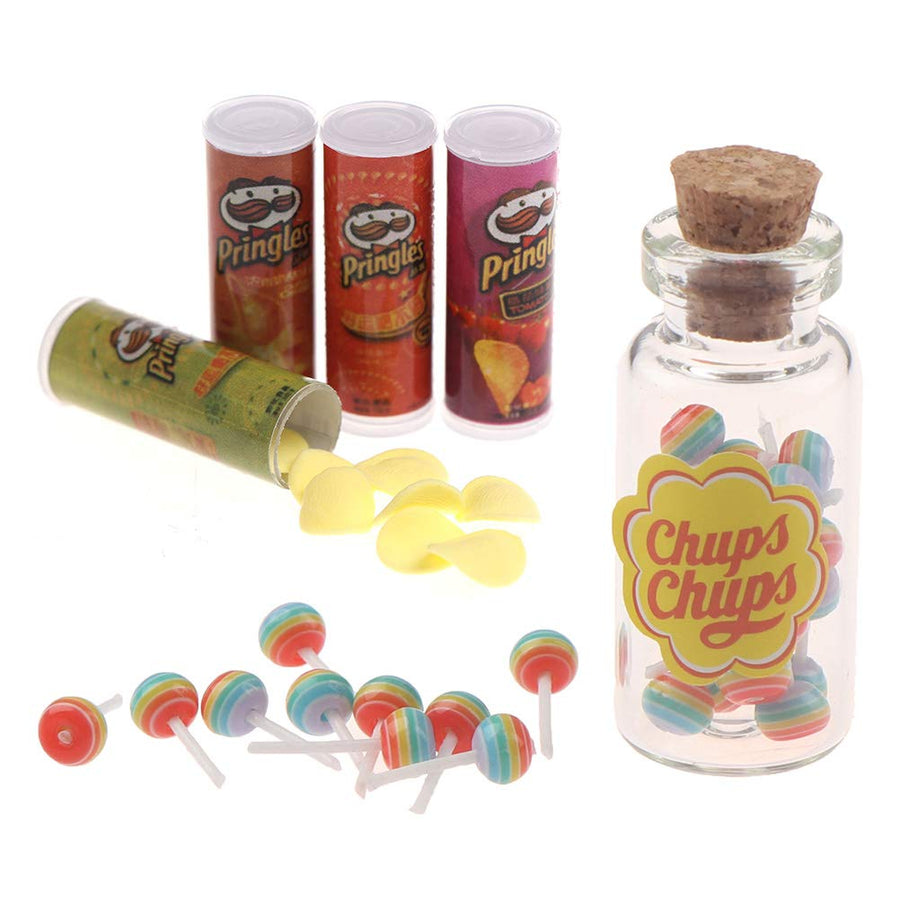 1/12 Dollhouse Miniature Food Potato Chips Bottles Lollipops Jar with Lollipops for Dollhouse Decoration Accessories Kitchen Scene Food Candy Snacks Model
