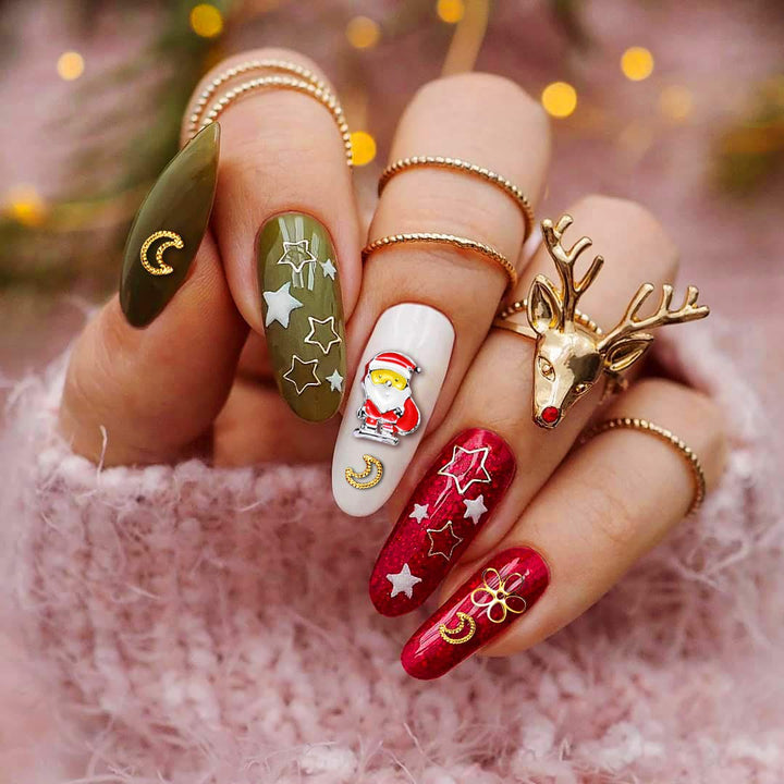 Christmas Nail Rhinestones, Super Valued Over 1500pcs 6 Pots 3D Nail Charms Sequins Alloy Santa Reindeer Snowman Snowflake Garland, Metal Nail Studs Moon flowers Gems Jewelry DIY Nail Art Decoration