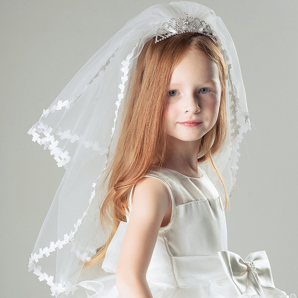 Frcolor Girl's 2 Layers Veils Ivory Lace Flower Veil Hair Accessory with Tiara Crown for Party