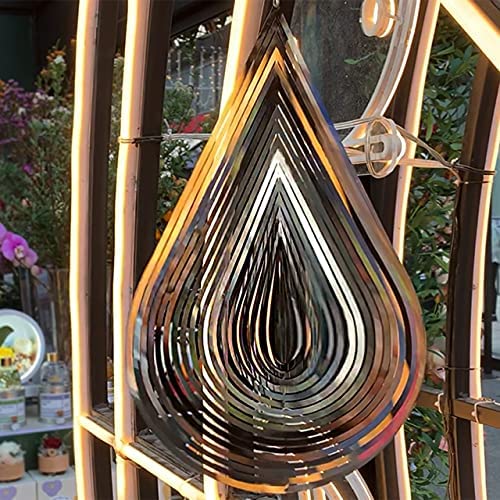 Wind Spinner Stainless Steel 3D Flowing Light Effect Decoration for Outdoor Garden Hanging Decor Gifts 12“x 8“ Silver Water Drop-Shaped Spinners with 360° Rotating Hook