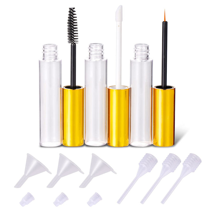 10ml Empty Mascara Tube Eyeliner Cream Container Bottle, Lip Gloss Bottle with 3 Piece Funnel & Rubber Inserts for Castor Oil Golden (Set 03)