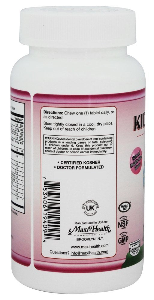 Chewable KiddieVite - One-a-Day Kids Multivitamin with 10 mg Iron, Zinc, Magnesium - Immune Support - Vitamins A, C, D3, E, B6, B12 - Bubble Gum Flavor - Kosher - 90 Chewies