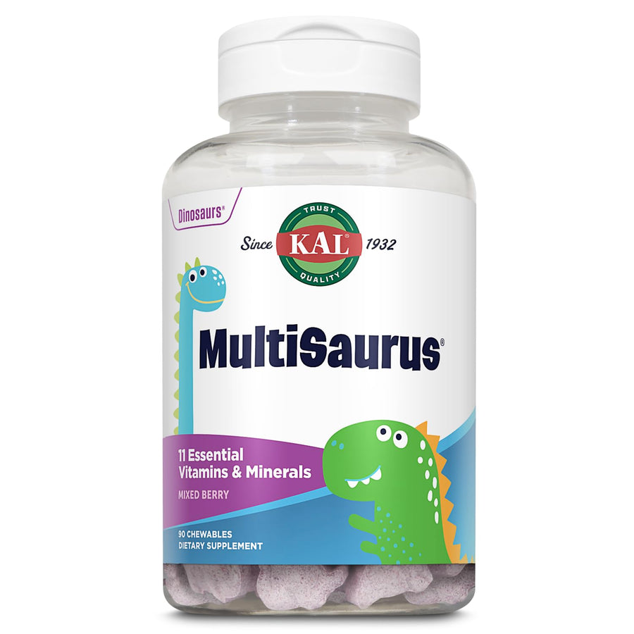 MultiSaurus Kids Chewable Multivitamins, 11 Essential Vitamins and Minerals for Kids, Mixed Berry Flavor, Gluten and Preservative Free, 90 Servings, 90 Dinosaur-Shaped Chewables