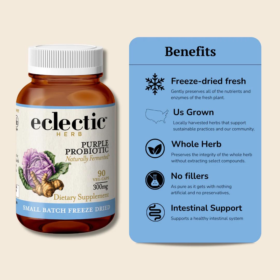 Eclectic Institute Raw Fresh Freeze-Dried Non-GMO Purple Probiotic | Digestive and Intestinal Support 90 CT (300 mg)