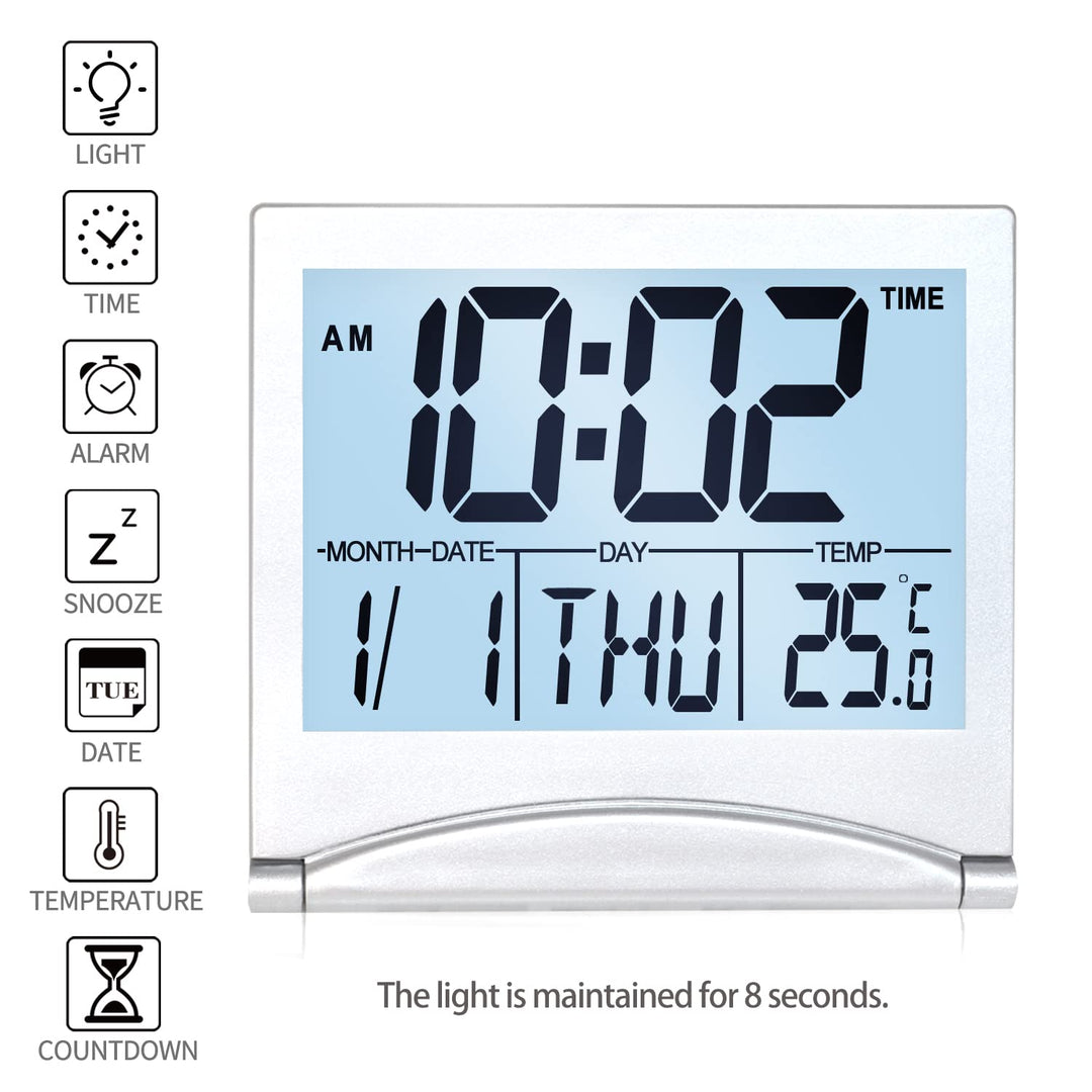 Digital Travel Alarm Clock with White Backlight - Foldable Calendar Temperature Timer LCD Clock with Snooze Mode - Large Number Display, Battery Operated - Compact Desk Clock for All Ages