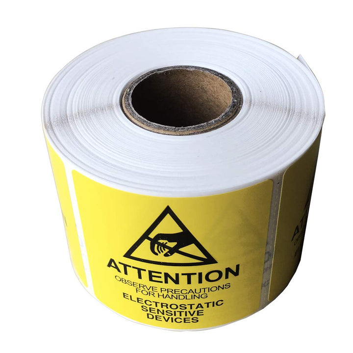 Self Adhesive Static Warning Sticker Label, Attention - Observe Precautions for Handling - Electrostatic Sensitive Devices, 2x2 Inches Anti-Static ESD Label Perforated, 500 per Roll