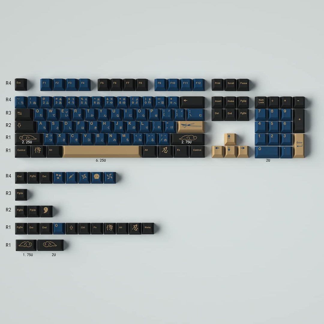 Blue Samurai Keycaps 129 Keys Cherry Profile Dye Sub PBT Keycap Set Japanese Key caps Fit for 61/64/87/104/108 Cherry Mx Switches Mechanical Keyboard