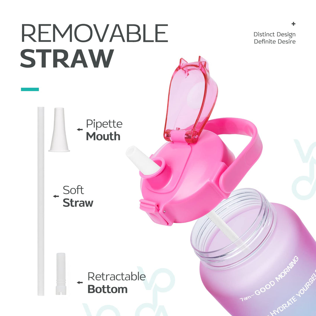 1 Gallon Large Motivational Sports Water Bottle with Time Marker & Straw, Leakproof BPA Free Reusable Fitness Water Jug for Gym,Work and Outdoor Sports-Ombre Fuschia Green