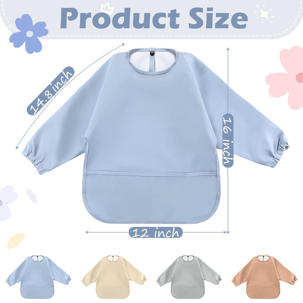 4 Pack Long Sleeve Baby Bibs Waterproof Long Sleeved Bib Baby Eating Smock Bib Feeding Shirt Bib with Food Catcher(Soft Color)