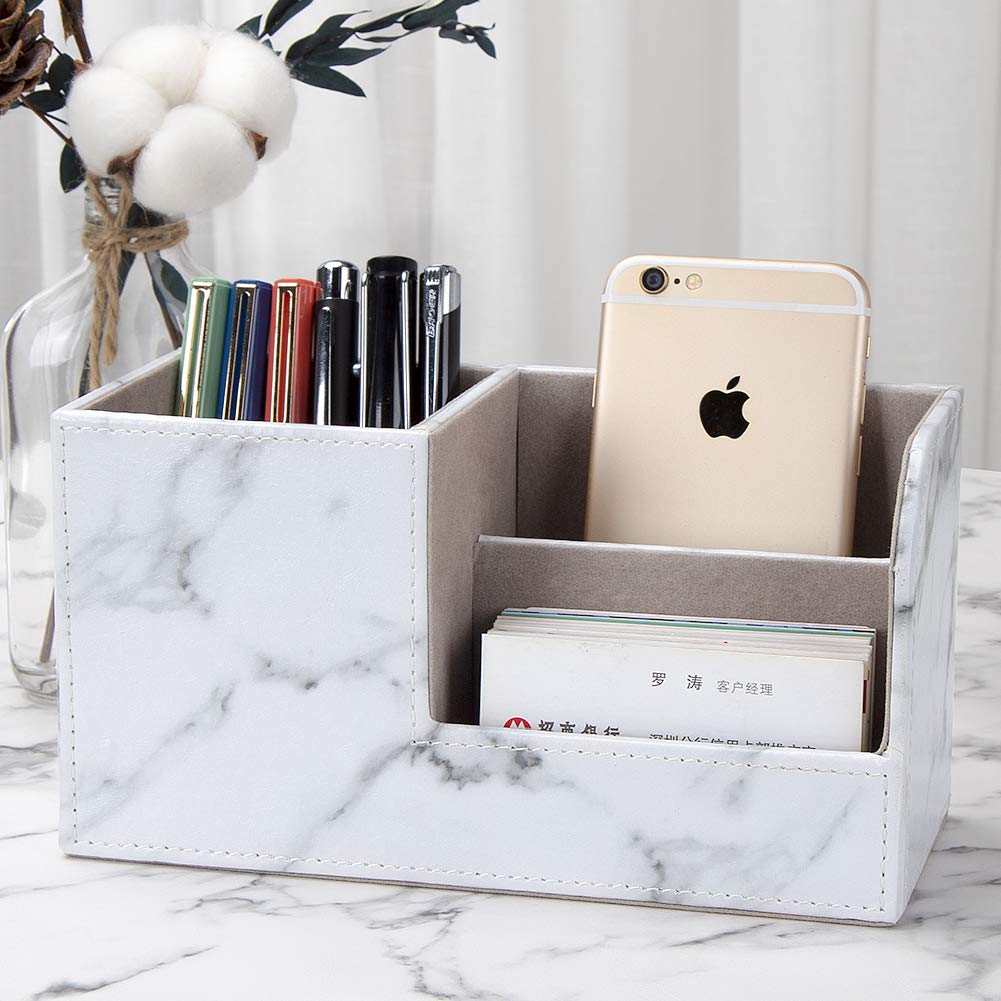 Desk Organizer Office Supplies Caddy Pu Leather Multi-function Storage Box Pen/Pencil,Cell phone, Business Name Cards Remote Control Holder Gray Marble