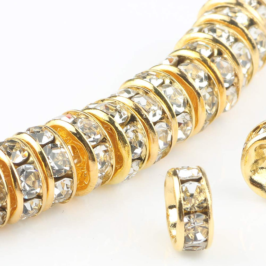 100Pcs 8MM Rondelle Spacer Beads, Silver Plated White Crystal Rhinestone Spacer Beads for Jewelry Making