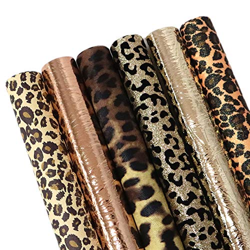 David angie Leopard Printed Faux Leather Sheet Metallic Burst Crack Synthetic Leather Fabric Assorted 6 PCS 7.7 x 12.9 (20 cm x 33 cm) for Hair Accessories DIY Crafts Making (Leopard Pattern B)