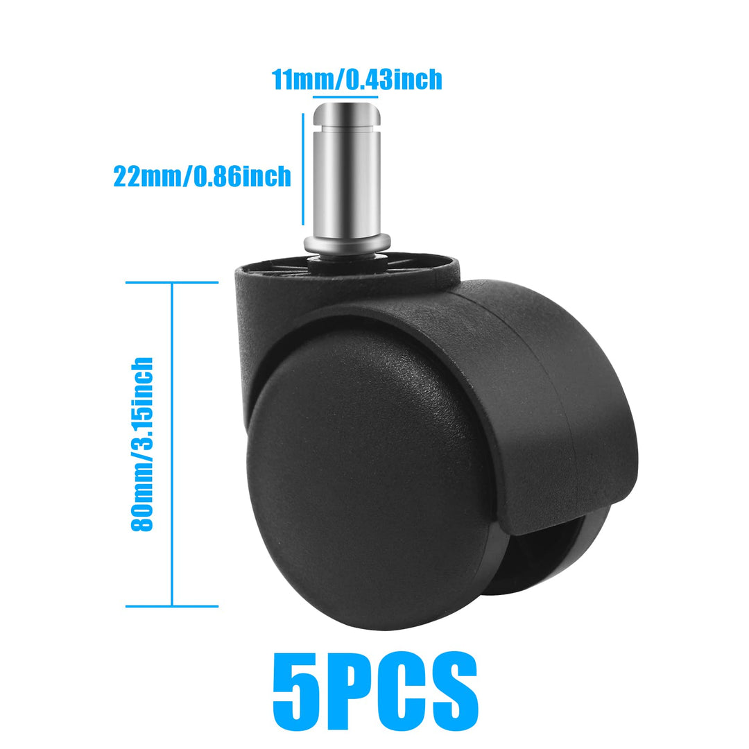Office Chair Caster Wheel 2 Inch 11mm Universal Standard Size Replacement Rubber Computer Gaming Chair casters(Set of 5) and Carpet- Heavy Duty Caster Support up to 750bls, (Black)