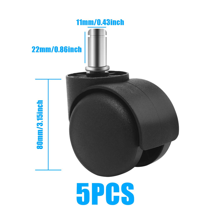 Office Chair Caster Wheel 2 Inch 11mm Universal Standard Size Replacement Rubber Computer Gaming Chair casters(Set of 5) and Carpet- Heavy Duty Caster Support up to 750bls, (Black)