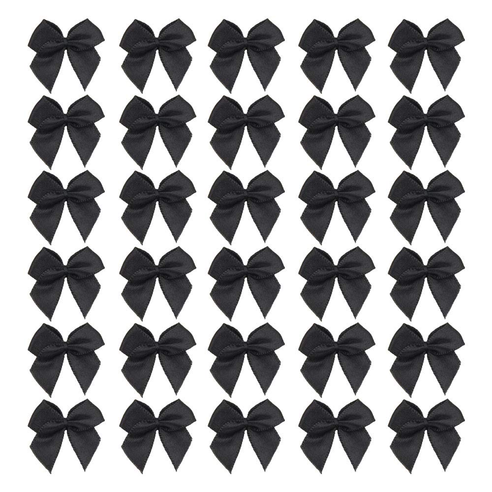 50pcs Boutique Mini Black Satin Ribbon Bows Flowers Appliques DIY Craft for Sewing Scrapbooking Wedding and Gift