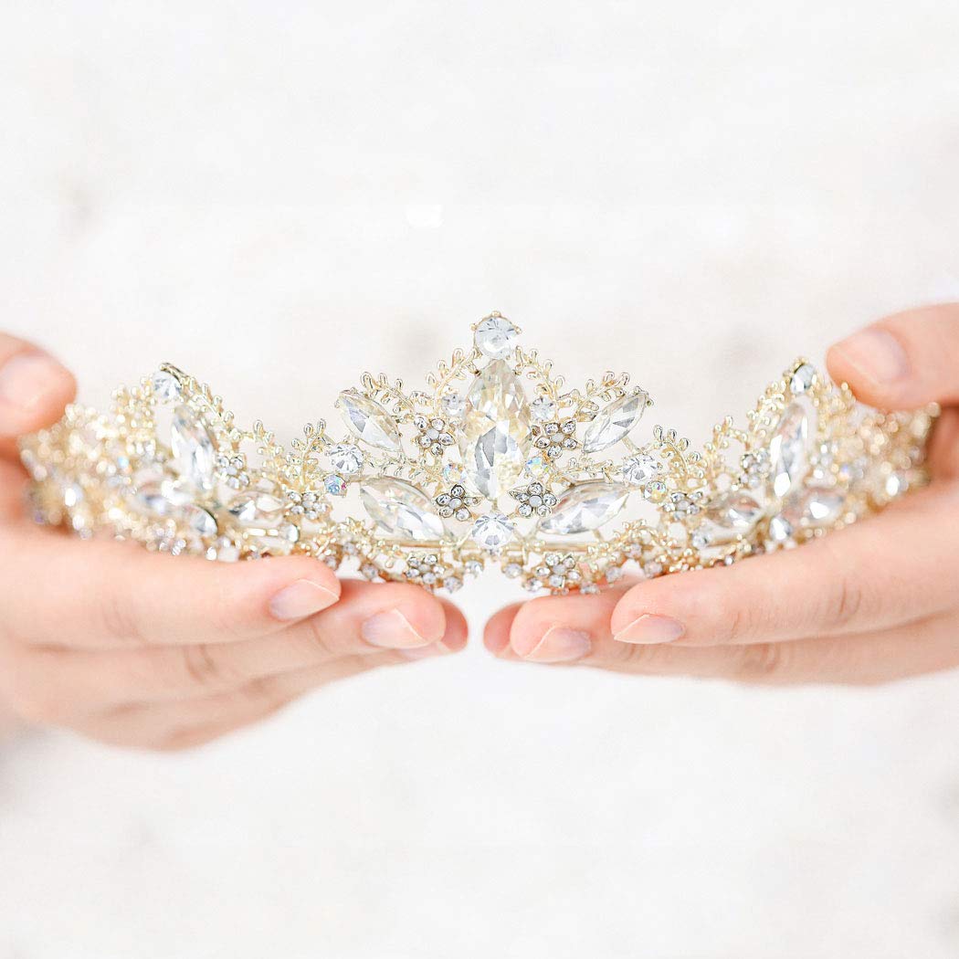 Wedding Hair Accessories Bride Crowns Flower Queen Tiaras Headpiece for Women (Gold)