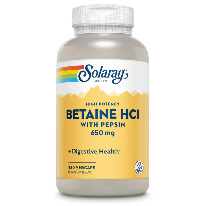 Solaray High Potency Betaine HCL with Pepsin - Hydrochloric Acid Supplement for Digestive Health - with Betaine Hydrochloride and Digestive Enzymes - Gut Health Support - 60-Day Guarantee, 250 VegCaps