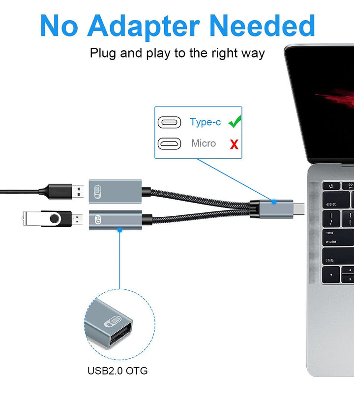 USB C OTG Adapter, 2 in 1 USB-C Splitter with PD 60W Fast Charging Type C OTG and USB A Female Port Compatible with iPhone 15 Pro Max/15 Plus/15 Chromecast Google TV/Samsung S23 S22 S21