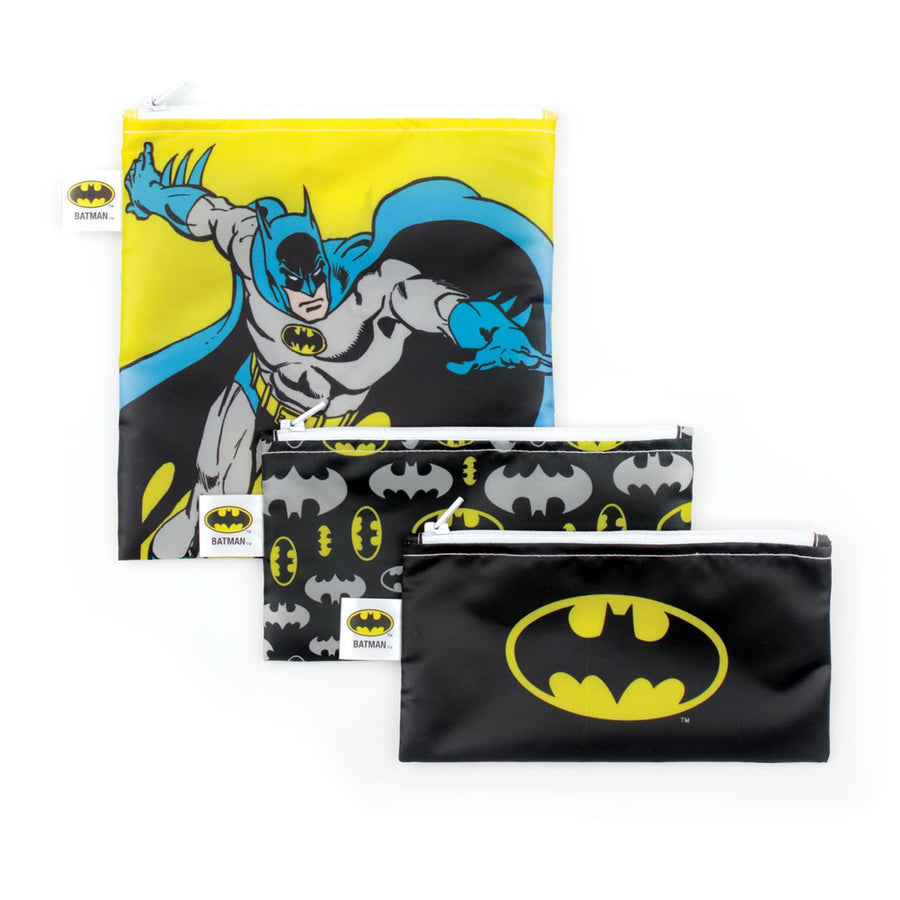 Reusable Sandwich and Snack Bags, for Kids School Lunch and for Adults Portion, Washable Fabric, Waterproof Cloth Zip Bag, Travel Pouch, Food-Safe, 3-pk Batman DC Comics