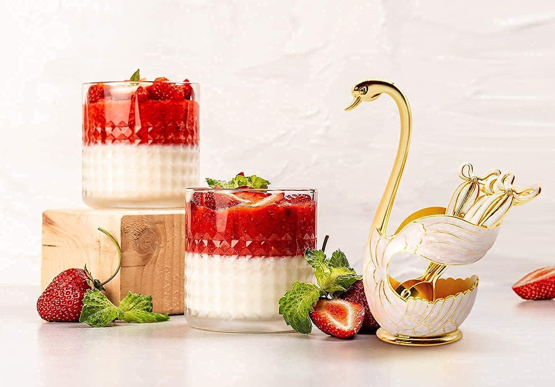 Coffee Dessert Spoon Set Metal Swan Base Holder Spoon Organizer with 6pcs Ice Cream Spoons Teaspoons Coffee Dessert Flatware (Gold)