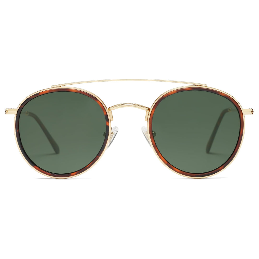 Retro Vintage Round Polarized Sunglasses for Women Men Small Double Bridge Circle Sunnies SJ1104, Brown Tortoise/Green