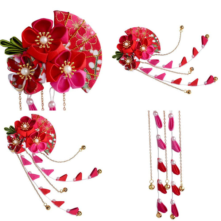 Womens Girls Japanese Hair Pin Decor Kanzashi Hair Sticks Picks Kimono Hanfu Accessories Japanese Flower Hair Tie Band Clip (F)