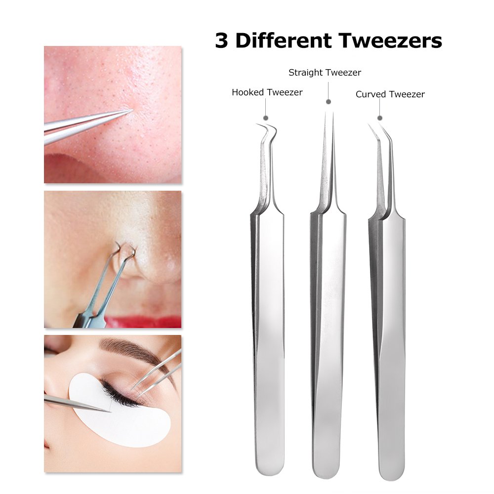 Acne Needle Kit Curved Blackhead Remover Tweezers for Blemish Dermatologist Grade Nose Pimple Comedone Extractor Tool Set with Silver Metal Case (5pcs a pack)