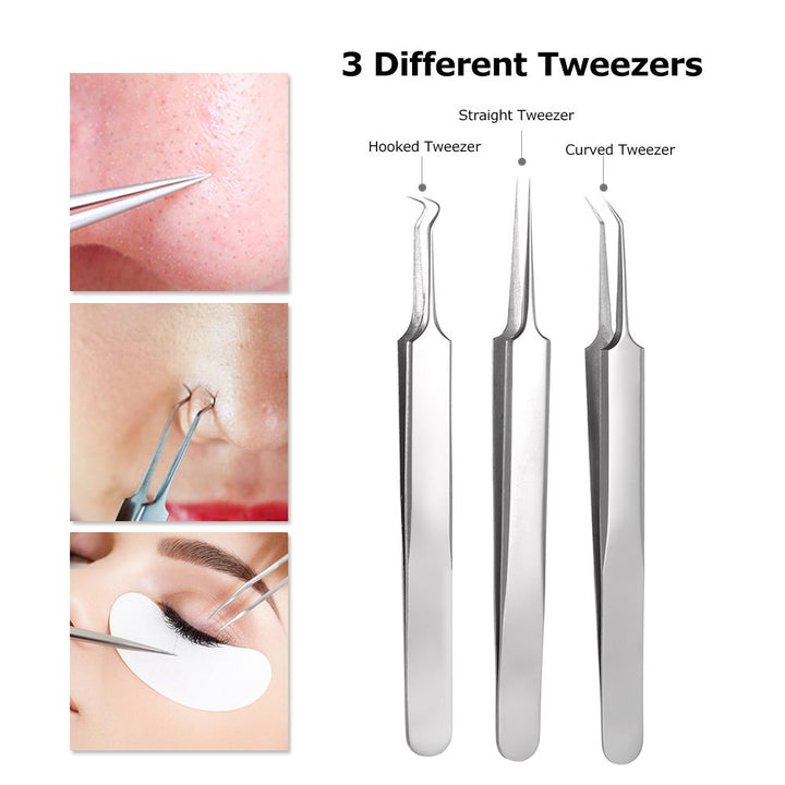 Acne Needle Kit Curved Blackhead Remover Tweezers for Blemish Dermatologist Grade Nose Pimple Comedone Extractor Tool Set with Silver Metal Case (5pcs a pack)