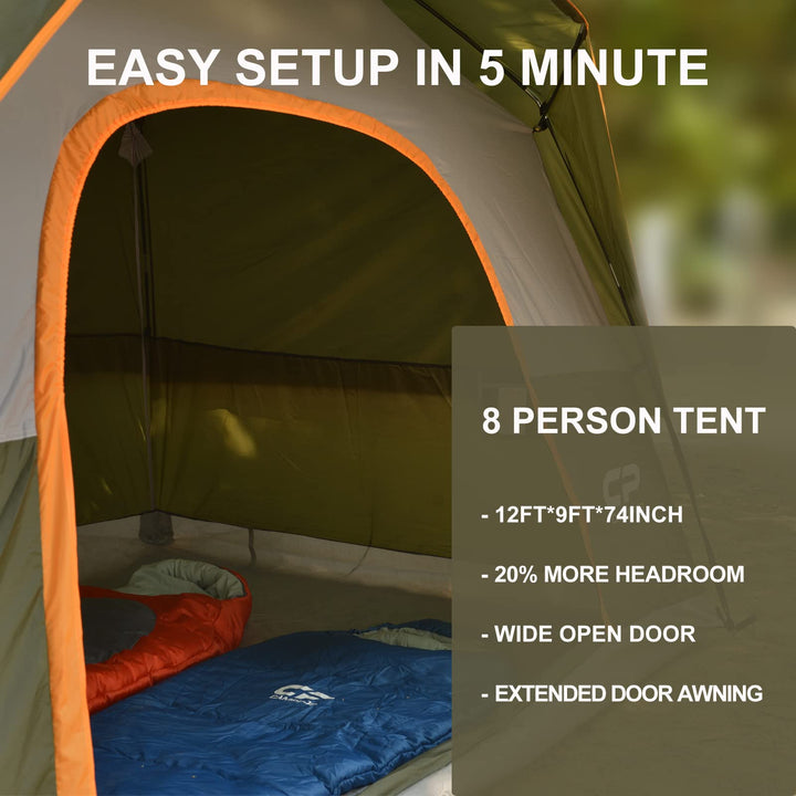 Tent 8 Person Camping-Tents, Waterproof Windproof Family Dome Tent with Top Rainfly, Large Mesh Windows, Double Layer, Easy Set Up, Portable with Carry Bag - Olive