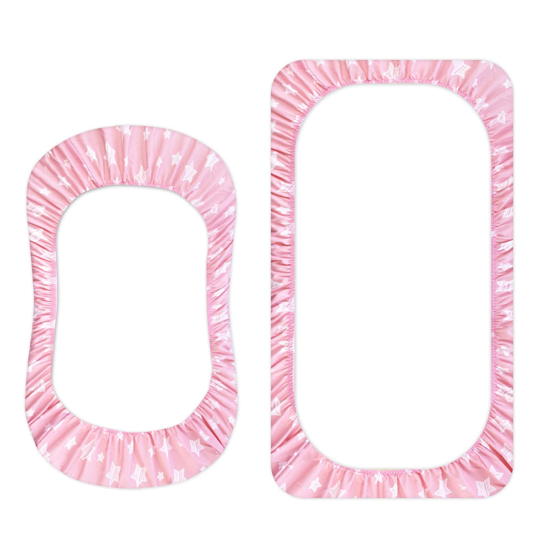 Bassinet Sheet, 33 X 17 Flexible for Different Cradle and Bassinet Mattress, Soft Breathable Universal Sheet for Rectangle, Oval, Hourglass Bassinet Mattress, Pink Star