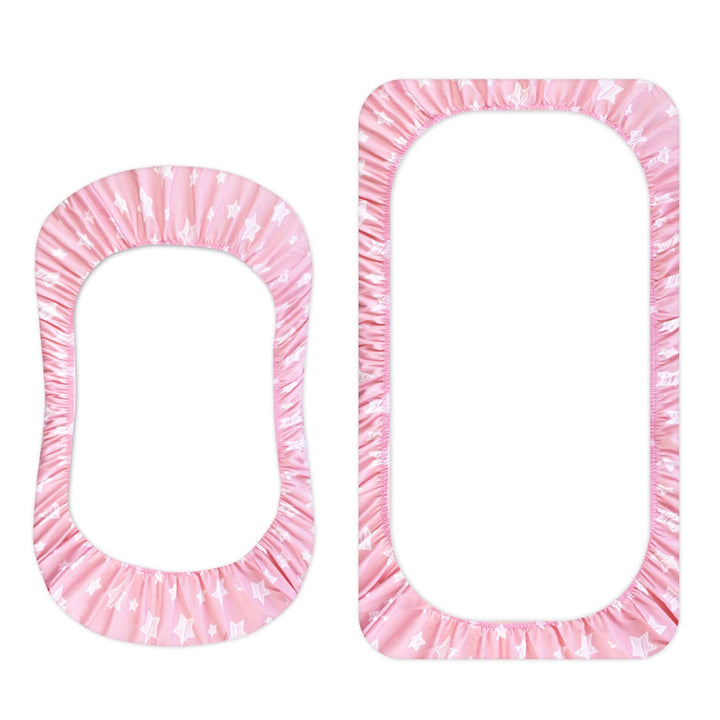 Bassinet Sheet, 33 X 17 Flexible for Different Cradle and Bassinet Mattress, Soft Breathable Universal Sheet for Rectangle, Oval, Hourglass Bassinet Mattress, Pink Star