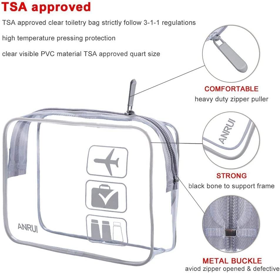 TSA Approved Toiletry Bag, Quart Size Travel Toiletry Bags, Clear Toiletry bag Carry On Airport Airline Compliant Bag, Clear Pouch Bag 3 Pack, Grey
