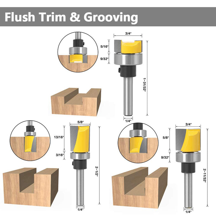 Yakamoz 6Pcs Assorted Edge 1/4 Inch Shank Treatment Grooving Router Bit Set with Bearings Hinge Mortising Flush Trim, Bowl and Tray & V Groove Template Router Bits Cutter Woodworking Tool Kit
