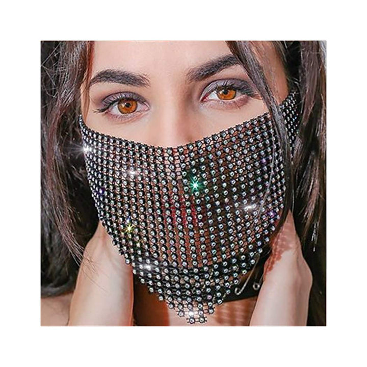 Sparkly Crystal Mesh face Mask Chain Rhinestone Masquerade Face Masks Black Dance Party Nightclub Face Necklace Jewelry for Women and Girls