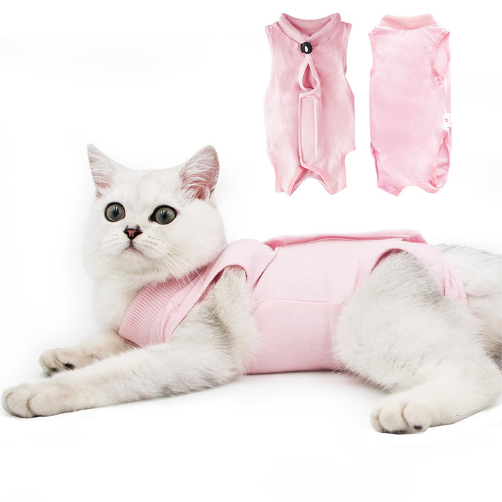 Cat Recovery Suit for Male and Female Surgical Post Surgery Soft Cone Onesie Shirt Clothes Neuter Licking Protective Diapers Outfit Cover Kitten Spay Collar(S, Pink)