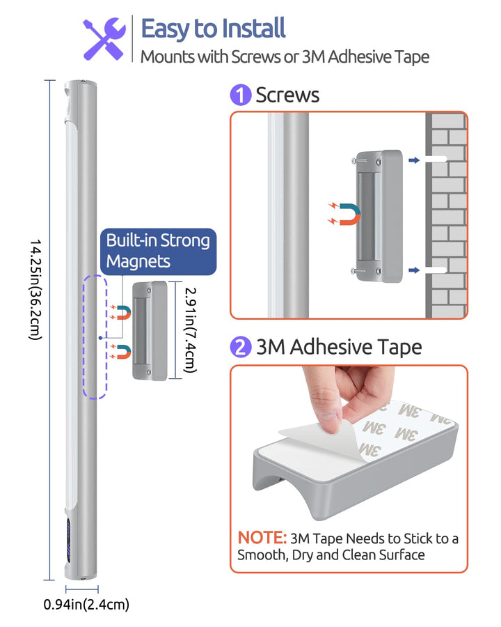Motion Sensor Light Indoor, 64 LED Closet Lights with Digital Display, 14in Battery Operated Under Cabinet Lights for Closet/Wardrobe/Kitchen, Rechargeable Stick-on Night Light with 3 Color Temps