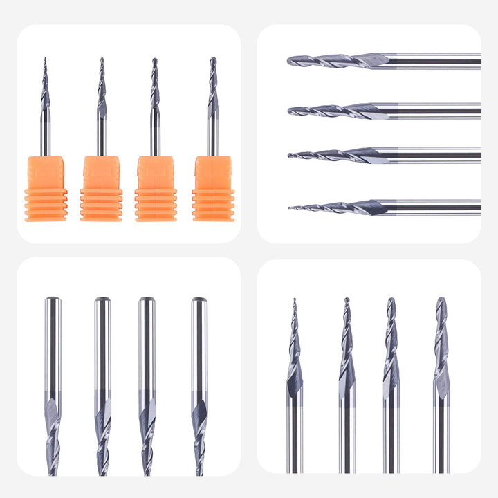 4Pcs/Pack Assorted R0.25~1.0 Tip 1/8 Tapered End Mill Cone Ball Nose Carbide Bit CNC Cutter for Carving Engraving