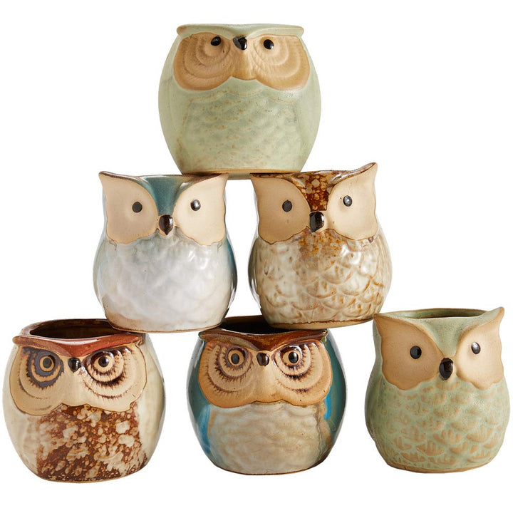 Owl Pot Ceramic Flowing Glaze Base Serial Set Succulent Plant Pot Cactus Plant Pot Flower Pot Container Planter with Drainage Hole Home Office Desk Garden Gift Idea 6pcs 2.5 Inch